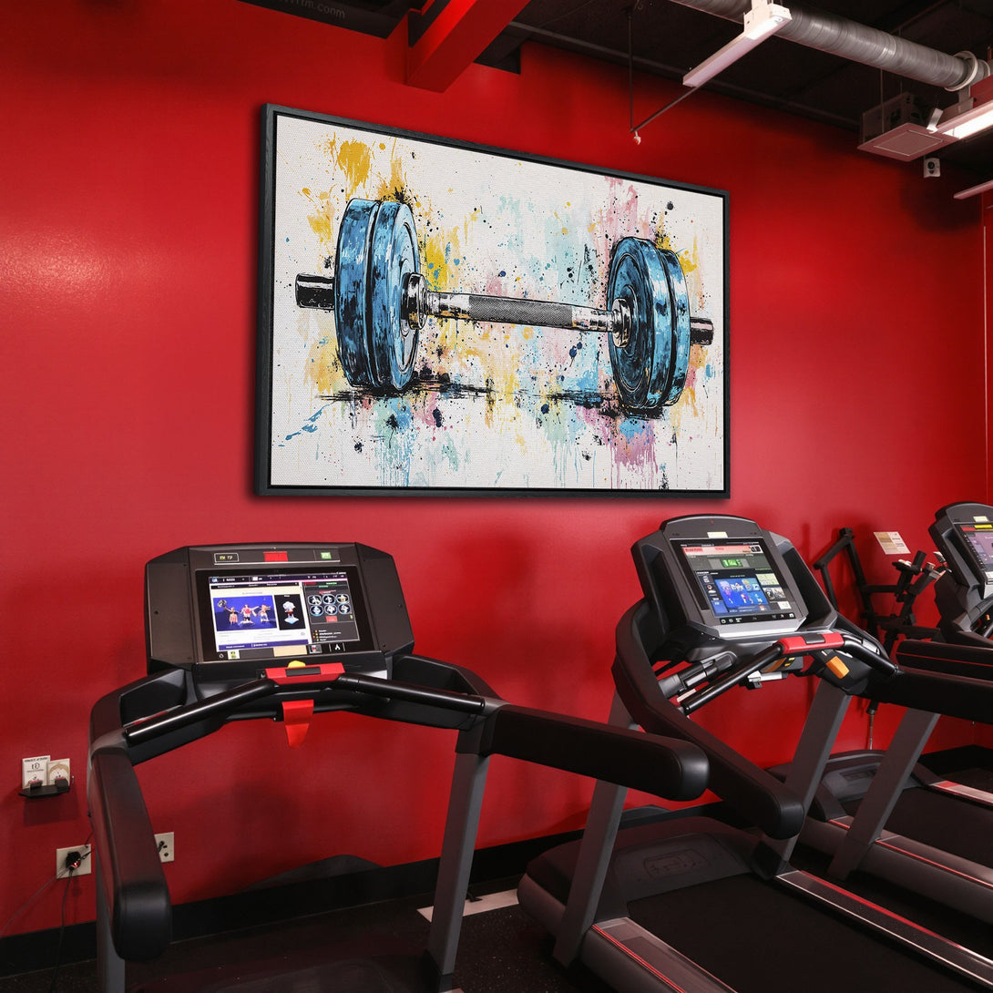 Framed Wall Art: Abstract barbell in a gym, vibrant blue and yellow watercolor style. Perfect fitness decor for your home gym!