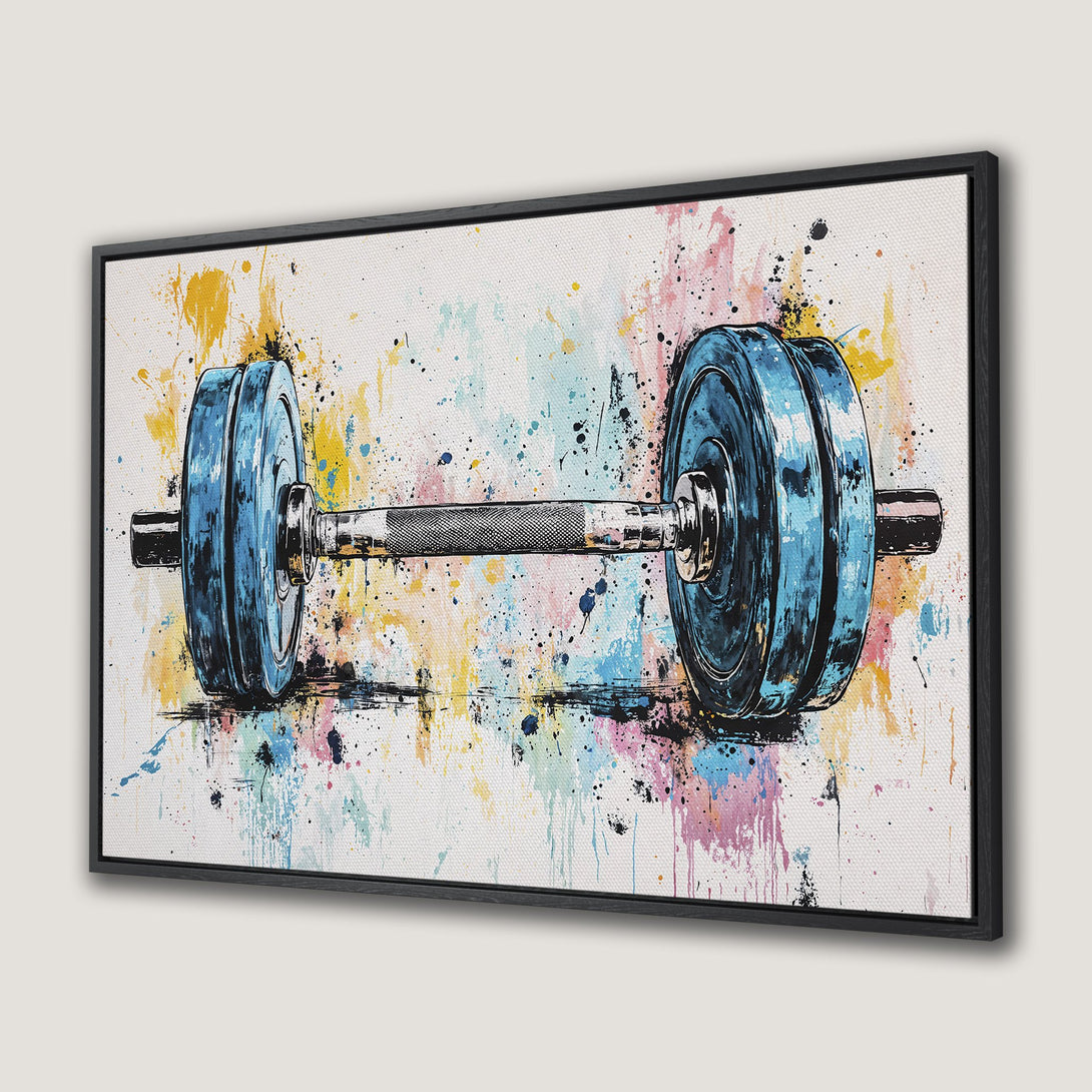 Framed Wall Art: Abstract dumbbell painting in vibrant blue, yellow, and pink. Perfect for a home gym or fitness studio!