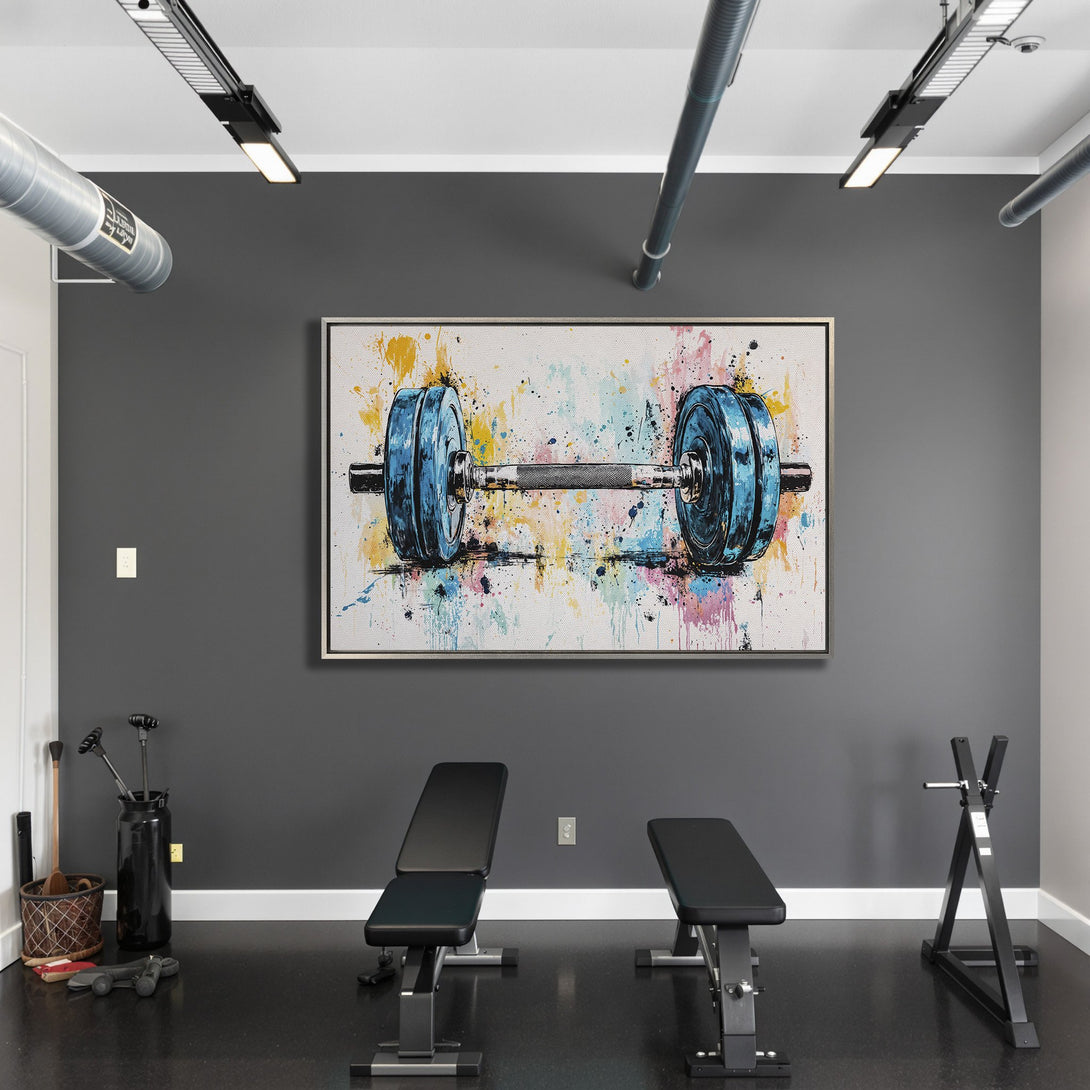 Framed Wall Art: Abstract barbell painting with blue, yellow, and pink accents. Modern fitness decor in a home gym setting.