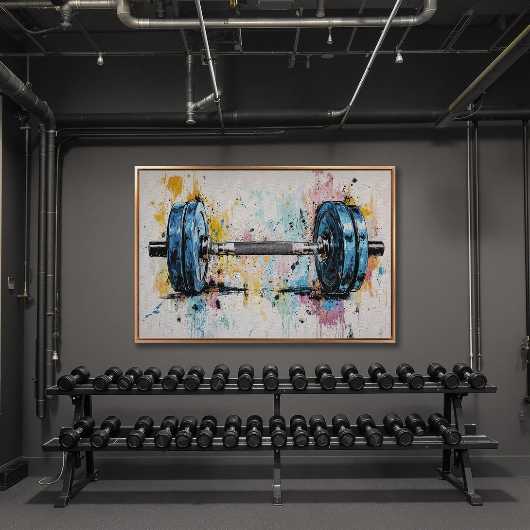 Framed Wall Art featuring a barbell in a vibrant, abstract style with a blue, yellow, and pink color palette. Perfect for gym decor!