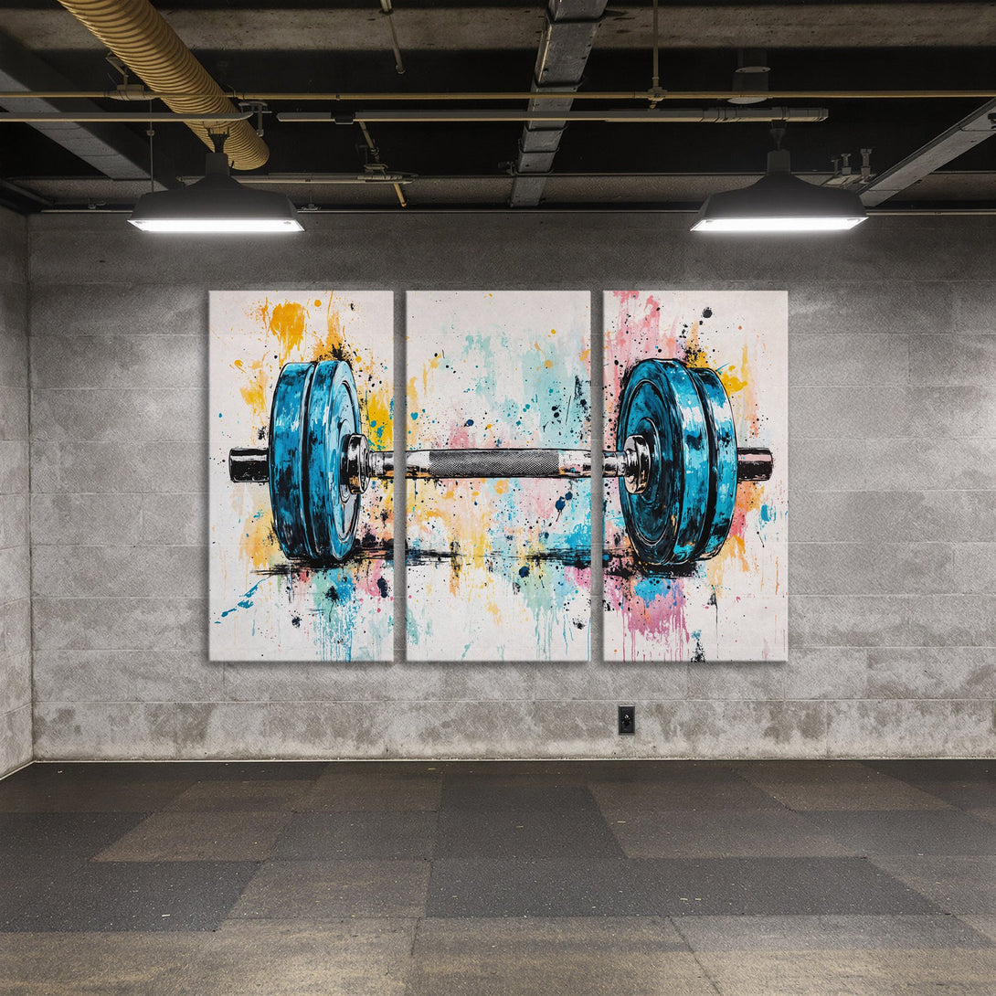 Abstract Canvas Print of a barbell in a gym, featuring a vibrant blue, yellow, and pink color palette. Modern wall art for your home gym.