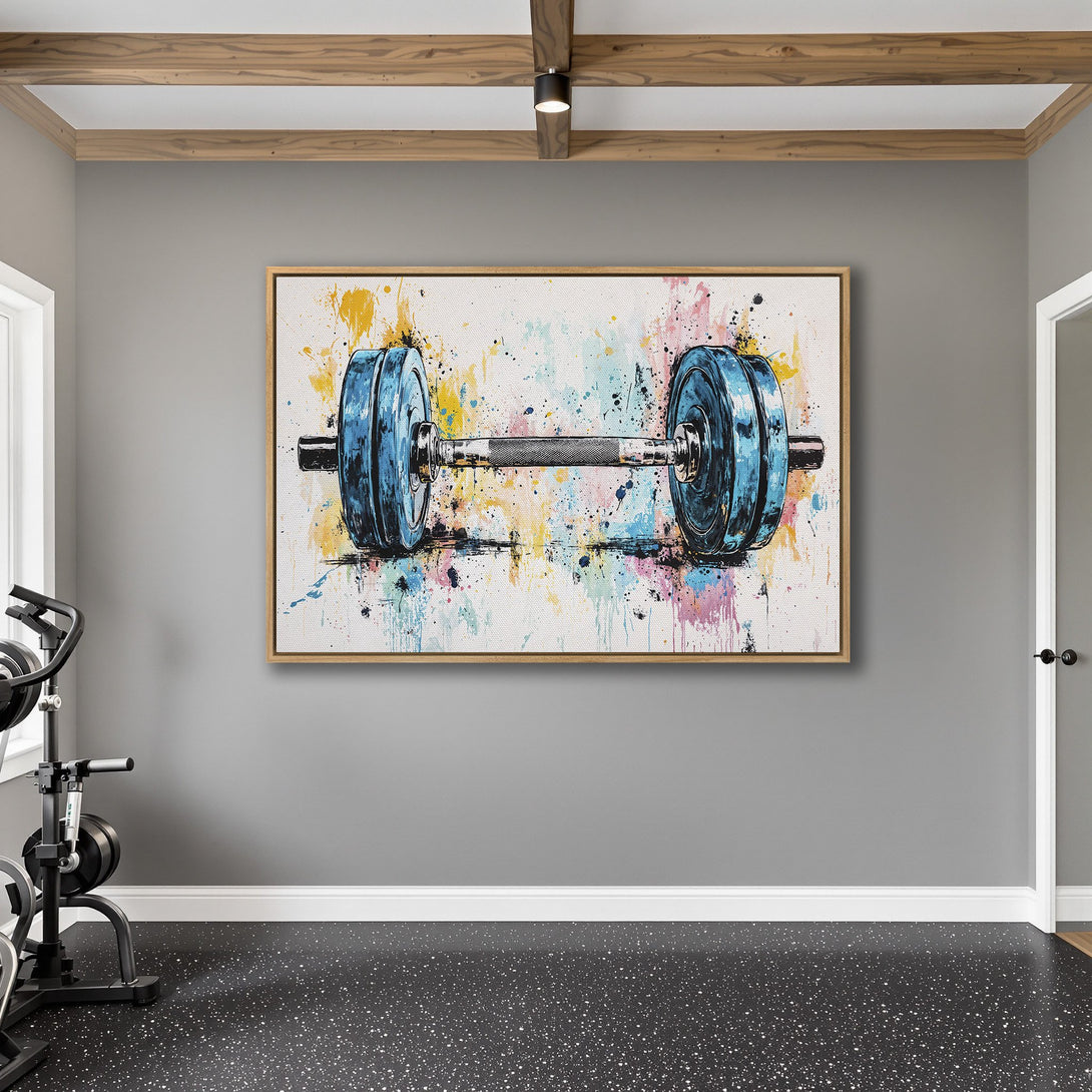Framed Wall Art: Abstract barbell art in a modern gym. Features blue, yellow, and pink splashes on a white background. Perfect for home fitness spaces.