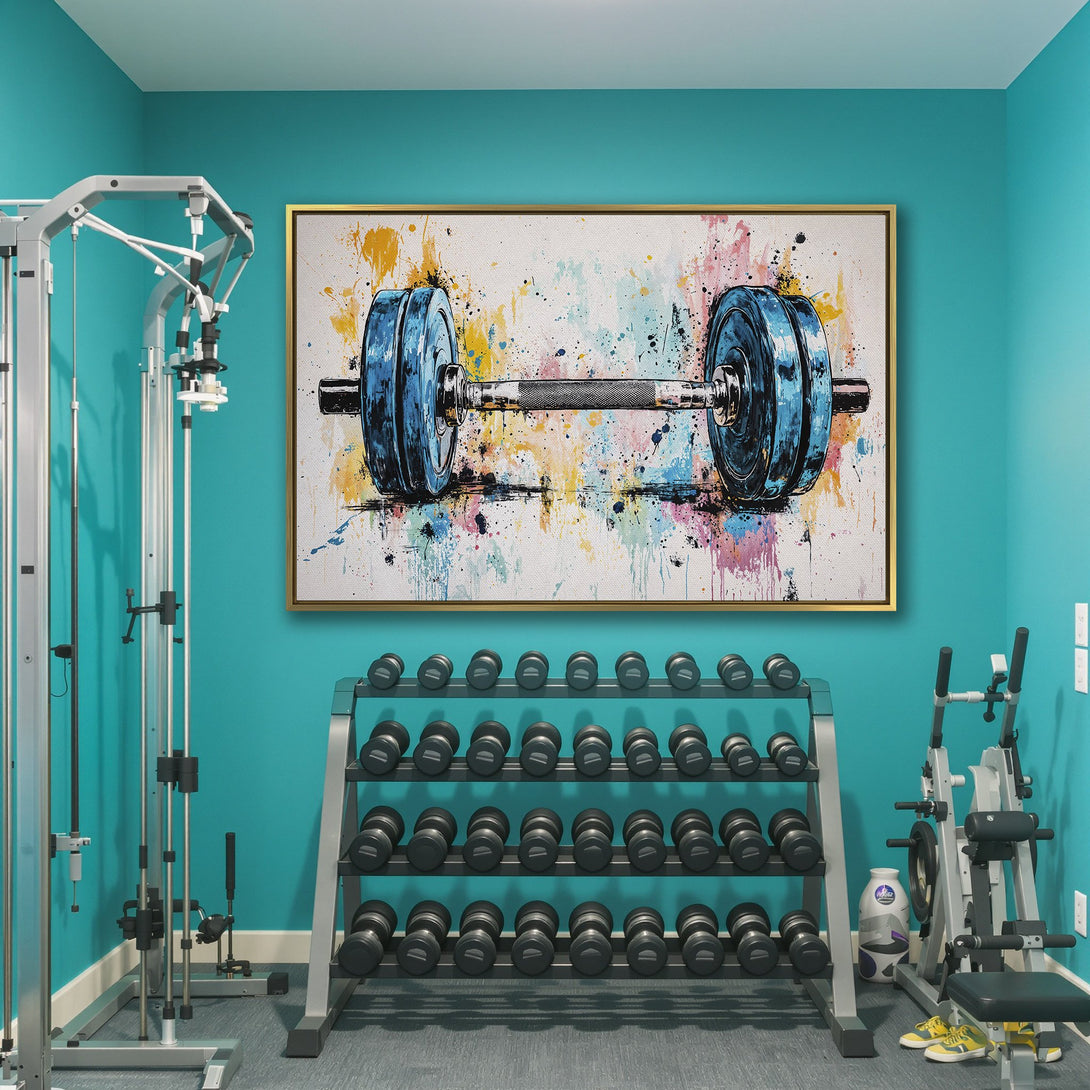 Canvas Print of a vibrant dumbbell in a colorful, abstract style. Features a blue, yellow, and pink color palette. Perfect for gym decor.