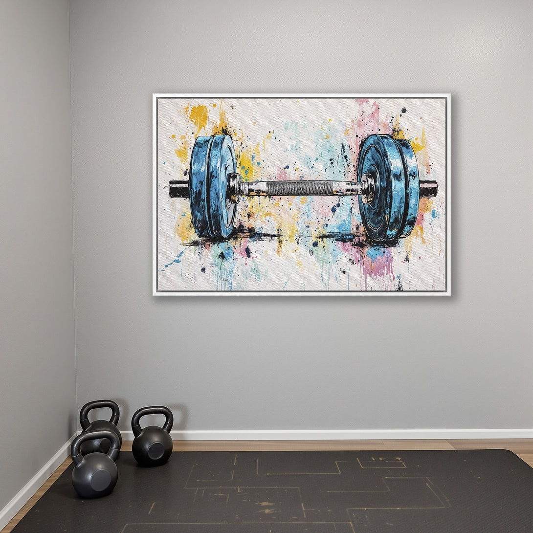 Framed Wall Art: Abstract dumbbell art with a vibrant blue, yellow, and pink color palette. Perfect for home gyms and fitness enthusiasts.
