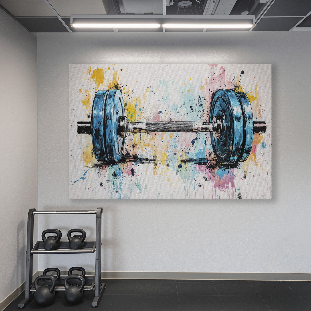 Framed Wall Art: Abstract barbell canvas print with blue, yellow, and pink paint splatter. Adds a pop of color to any home gym or workout space.