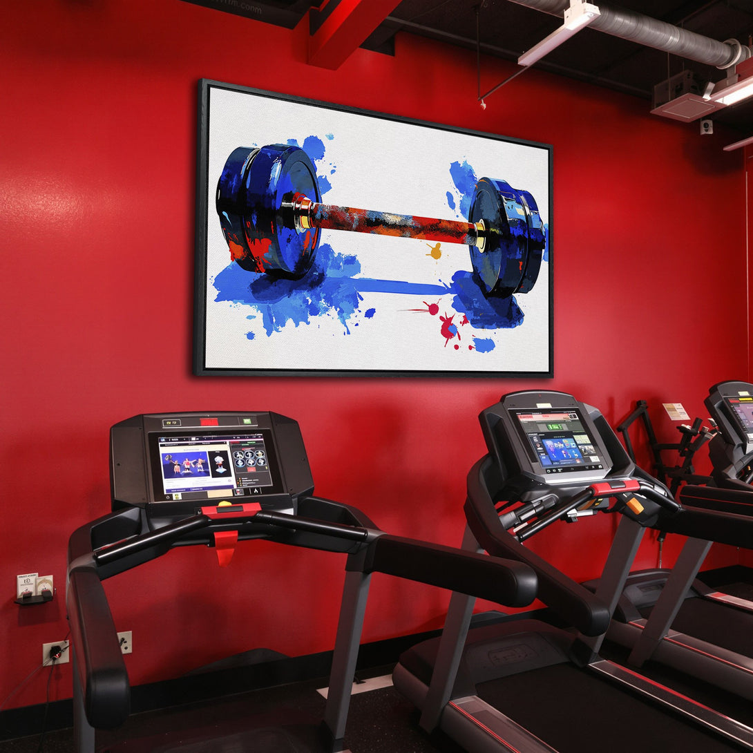 Framed Wall Art: Abstract dumbbell canvas print in a gym setting. Bold blue, red, and white color palette. Perfect for fitness enthusiasts!