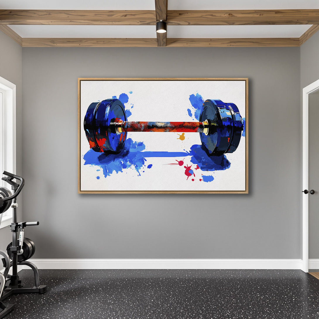 Framed Wall Art: Abstract dumbbell painting in blue, red, and orange. Modern fitness decor for your home gym.