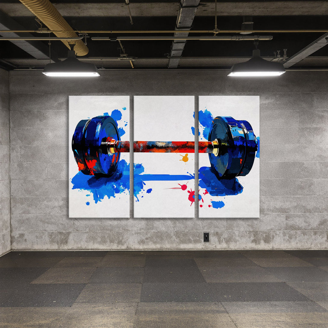 Abstract barbell Canvas Print in blue, red, and orange. Modern wall art perfect for a gym or home decor.