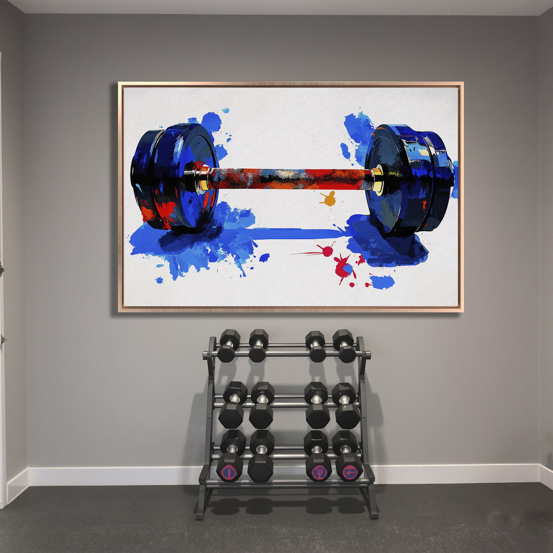 Framed Wall Art: Abstract dumbbell painting with vibrant blue, red, and gold accents. Perfect gym decor! Canvas Print for a modern fitness space.