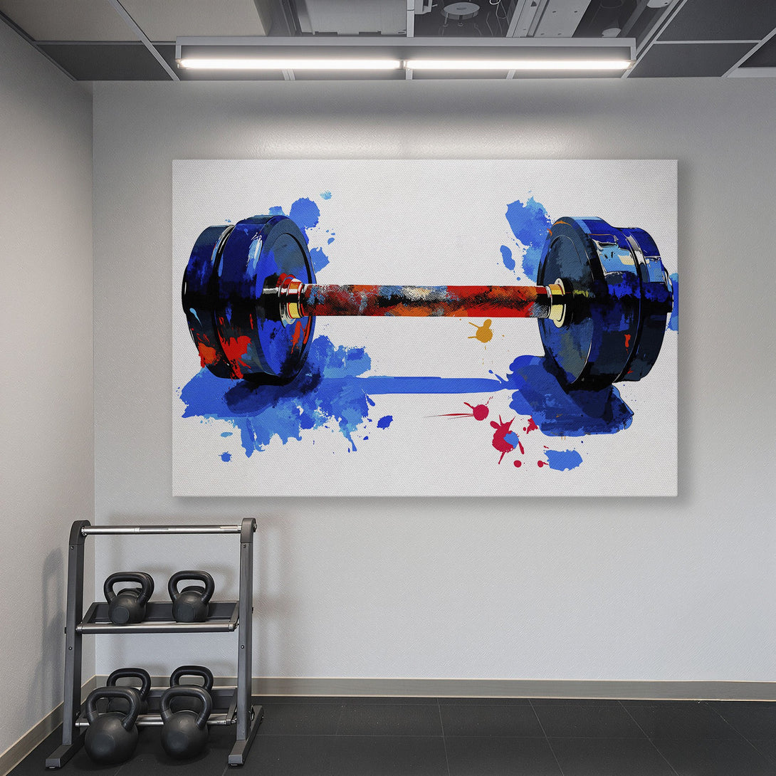 Framed Wall Art: Abstract dumbbell art in blue, red, and gold. Modern canvas print for your home gym decor. Shop now!