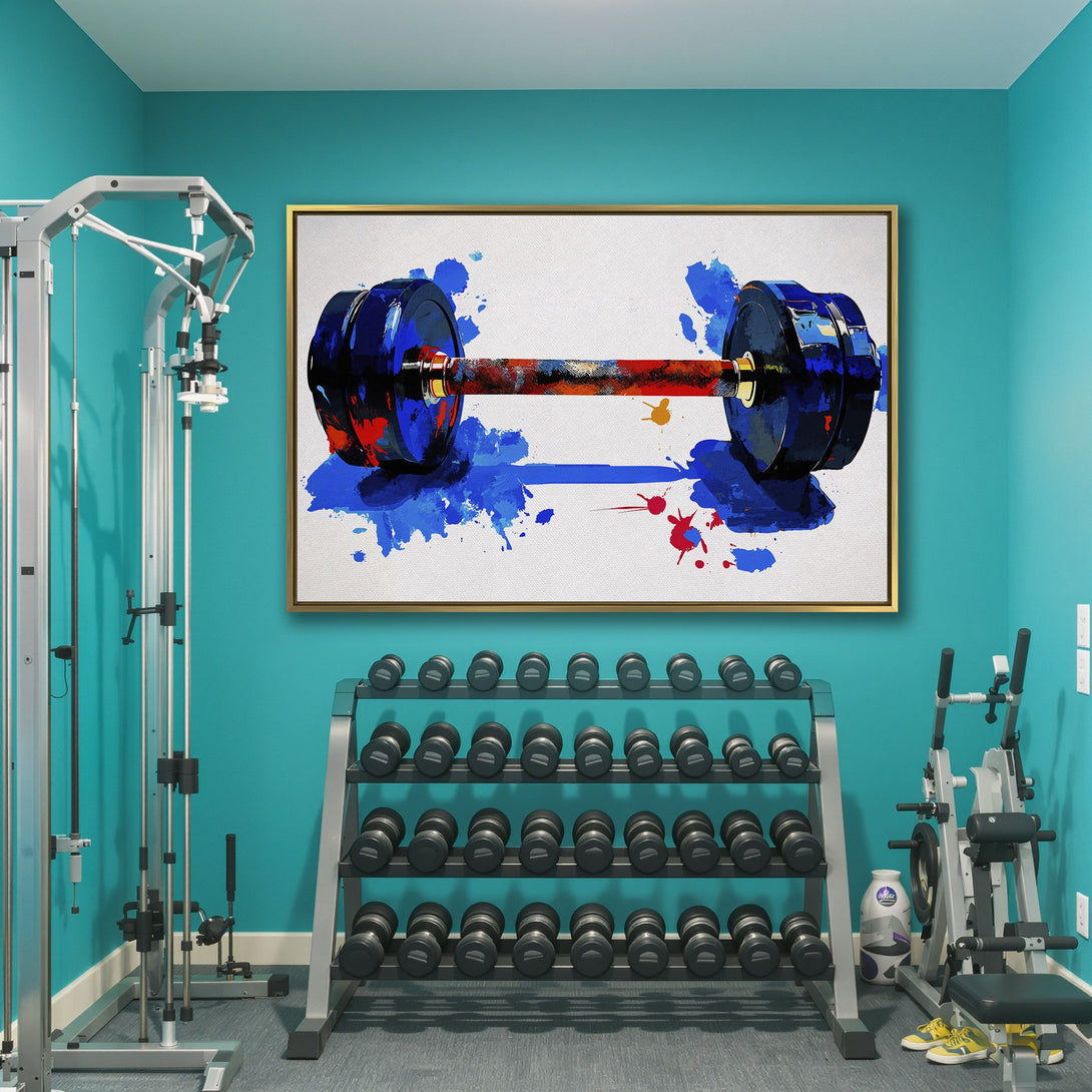 Abstract Canvas Print of a barbell in a gym, featuring a blue, red, and orange color palette. Perfect for fitness enthusiasts!