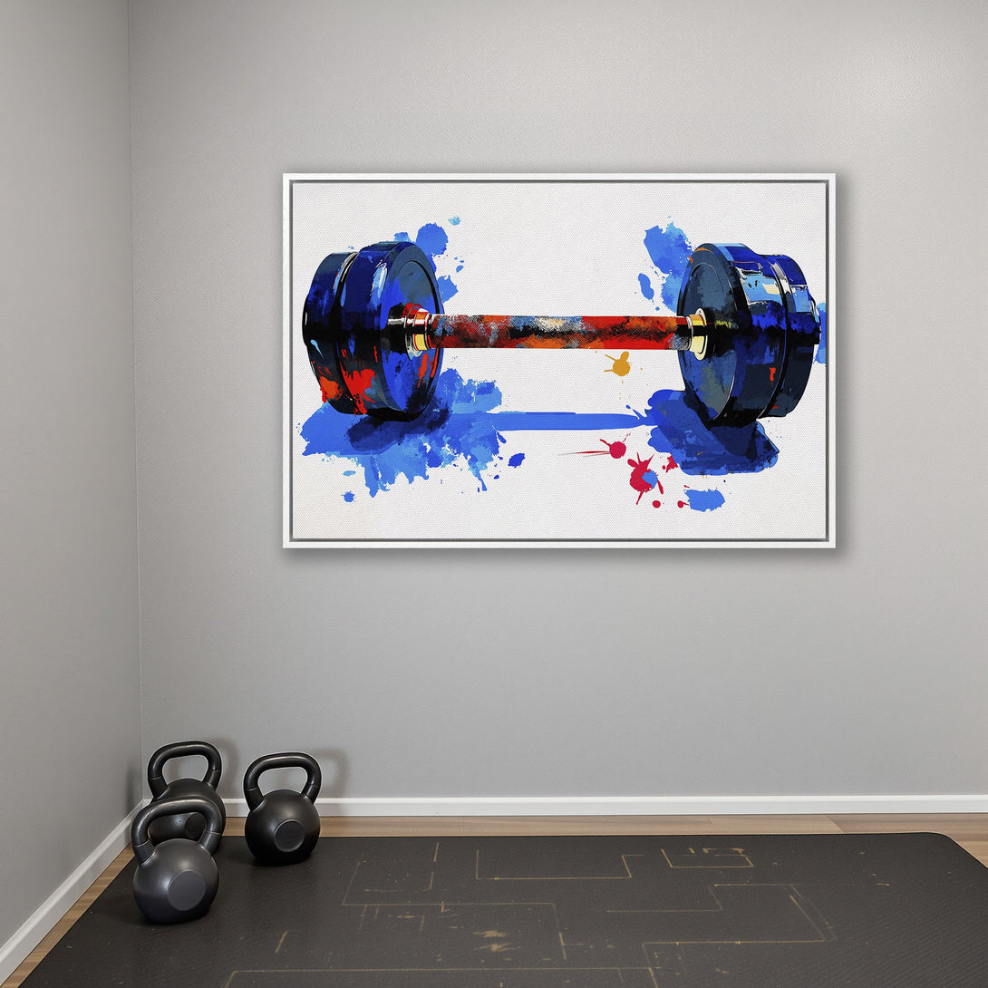 Framed Wall Art: Abstract dumbbell art in blue, red, and orange. Modern canvas print for home gym decor. Enhance your space with vibrant fitness art.