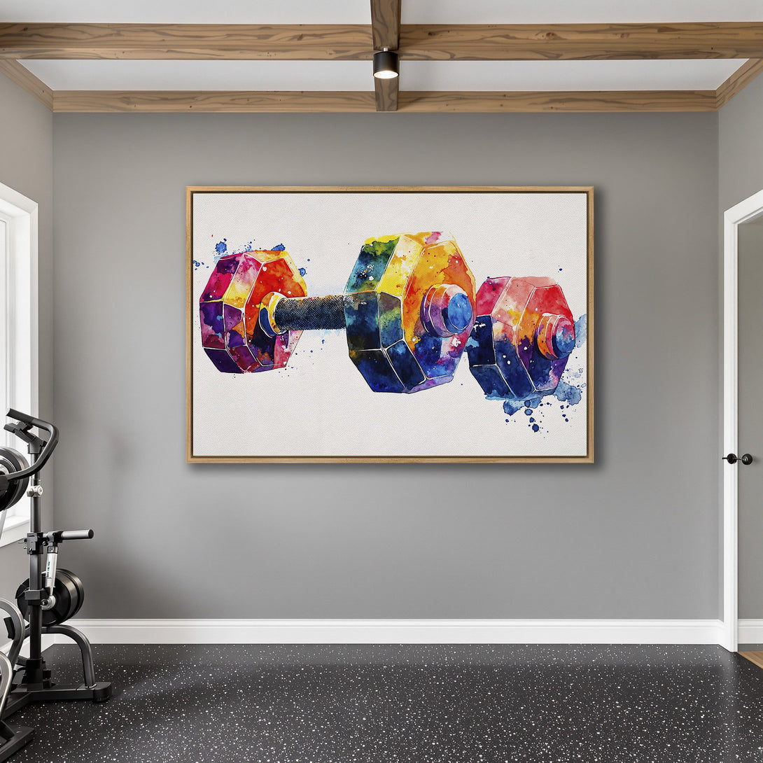 Framed Wall Art: Watercolor dumbbell in vibrant rainbow hues. Modern fitness decor, perfect for a home gym. Adds a pop of color!