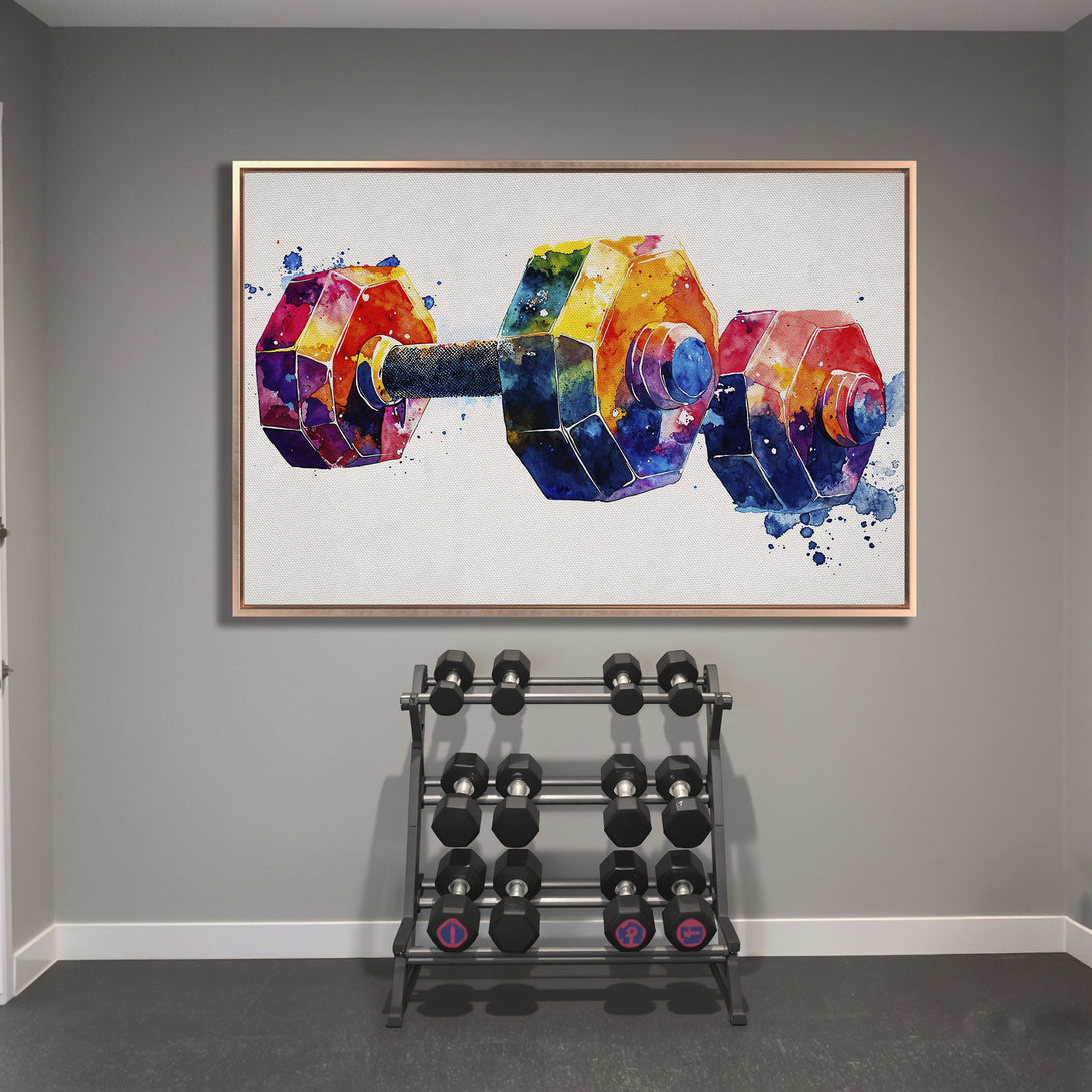 Framed Wall Art: Watercolor dumbbell in vibrant rainbow colors. Modern art for home gym decor. Add a pop of color to your workout space!