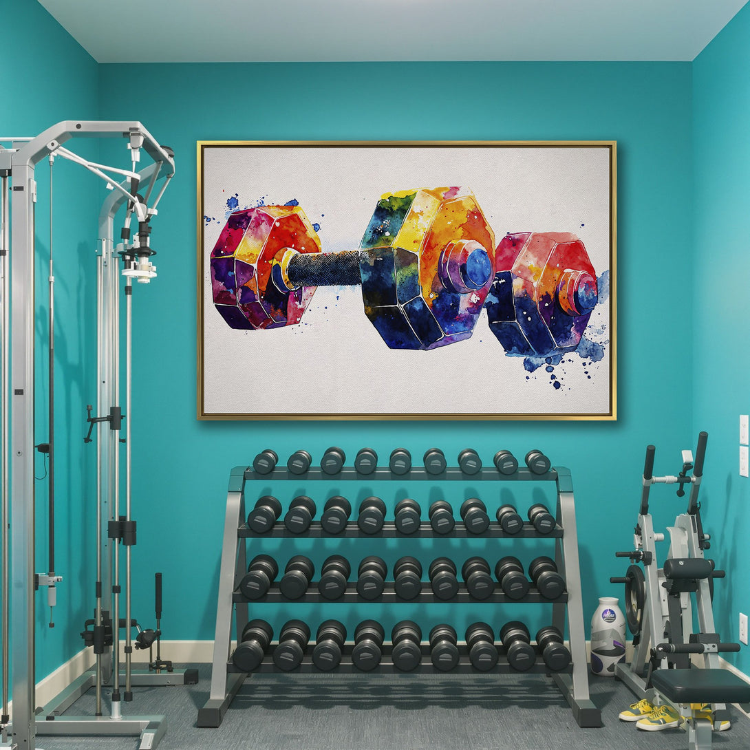 Canvas Print of a vibrant watercolor dumbbell. Modern gym decor with a colorful, abstract style. Features a rainbow color palette.