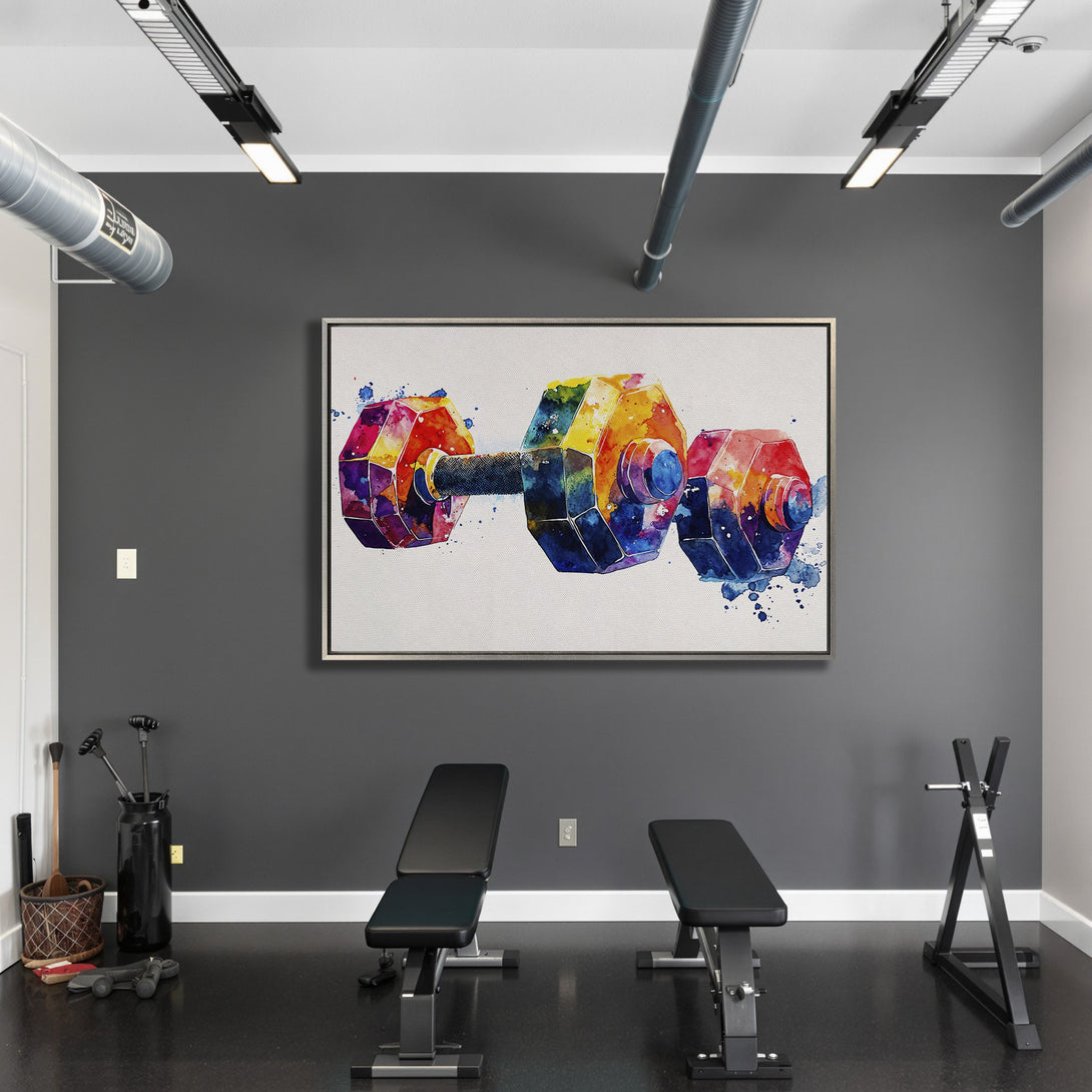 Framed Wall Art featuring a colorful watercolor dumbbell. Vibrant, abstract style with a rainbow color palette, perfect for a home gym.