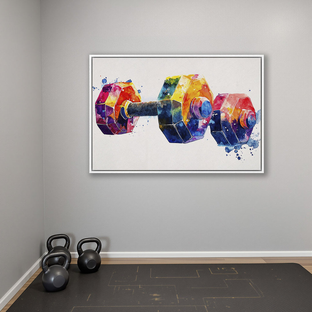 Framed Wall Art: Watercolor dumbbell in vibrant rainbow colors. Modern fitness decor for your home gym. Brighten your space with this unique Canvas Print!