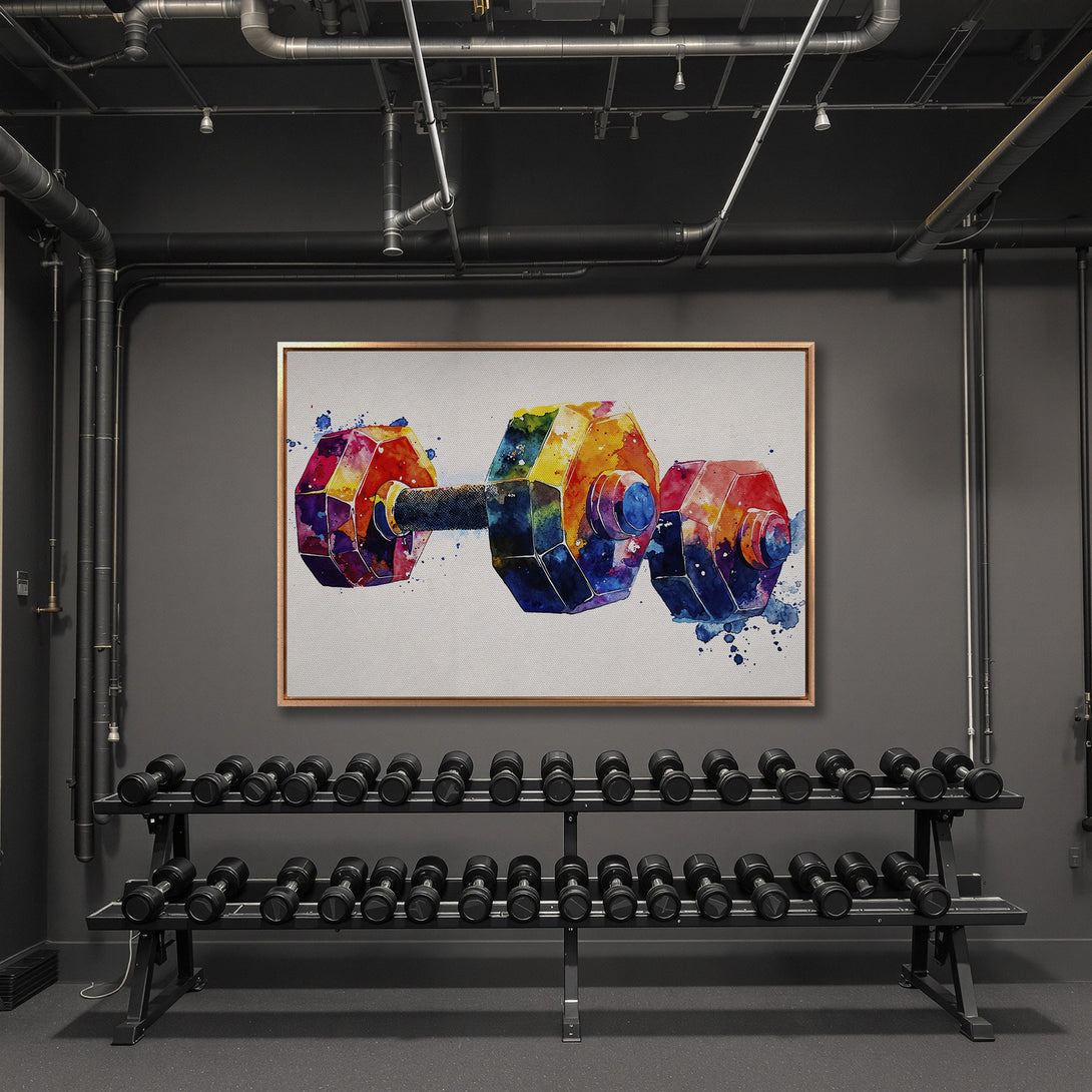 Framed Wall Art: Colorful watercolor dumbbell print in a gym setting. Vibrant rainbow hues pop against a neutral background. Perfect for fitness enthusiasts!
