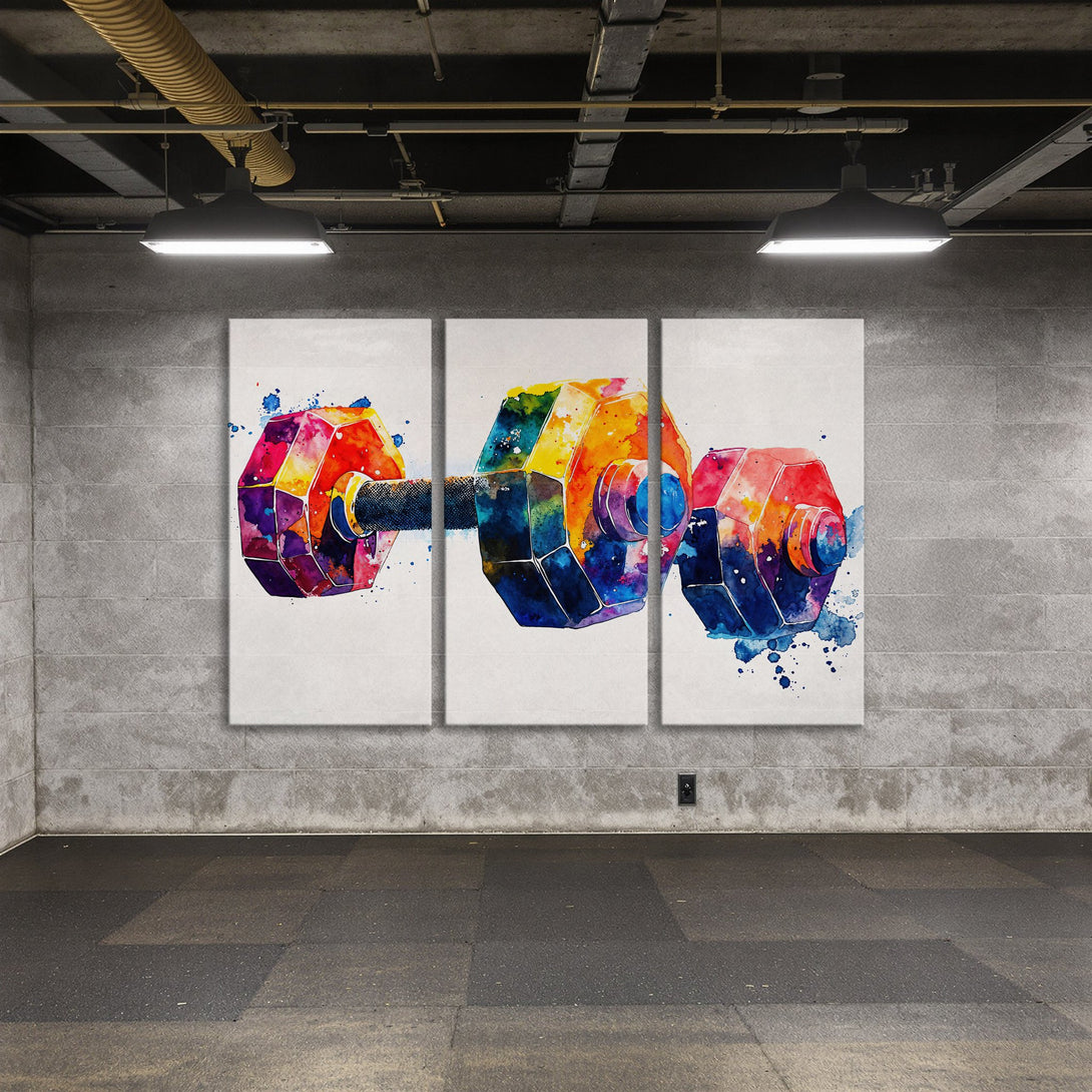 Colorful watercolor dumbbell Canvas Print, vibrant art for gym or home decor. Features a modern, abstract style and a rainbow color palette.