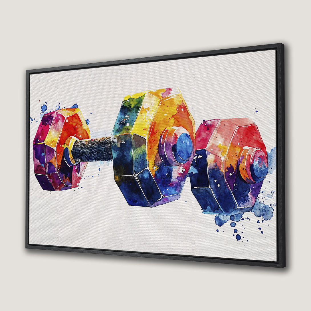 Framed Wall Art: Watercolor dumbbell print with vibrant rainbow colors. Modern fitness decor for home gyms. Add a pop of color to your space!