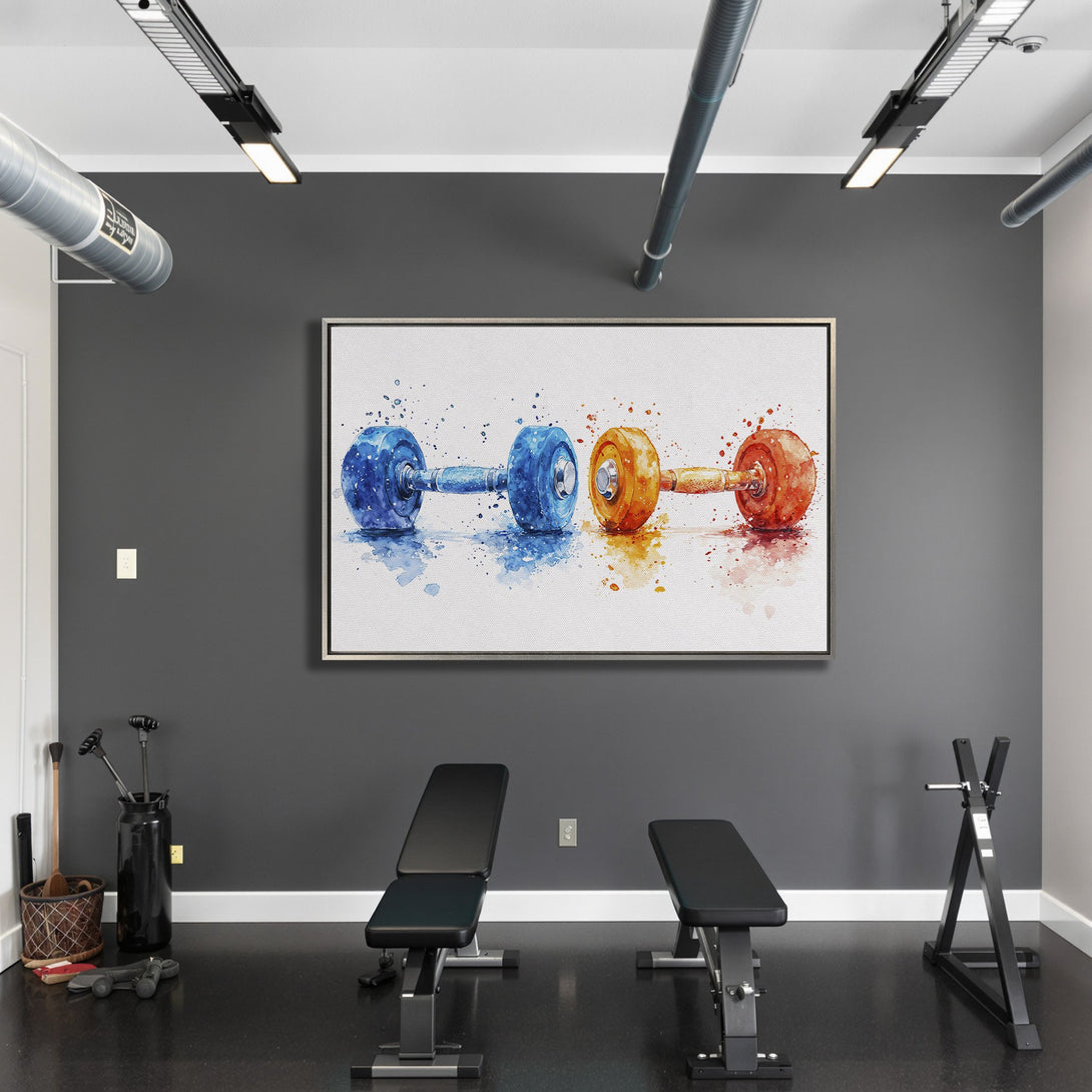 Framed Wall Art: Watercolor dumbbells in a gym. Modern style with blue, orange, and red hues. Perfect for adding a pop of color to your space!