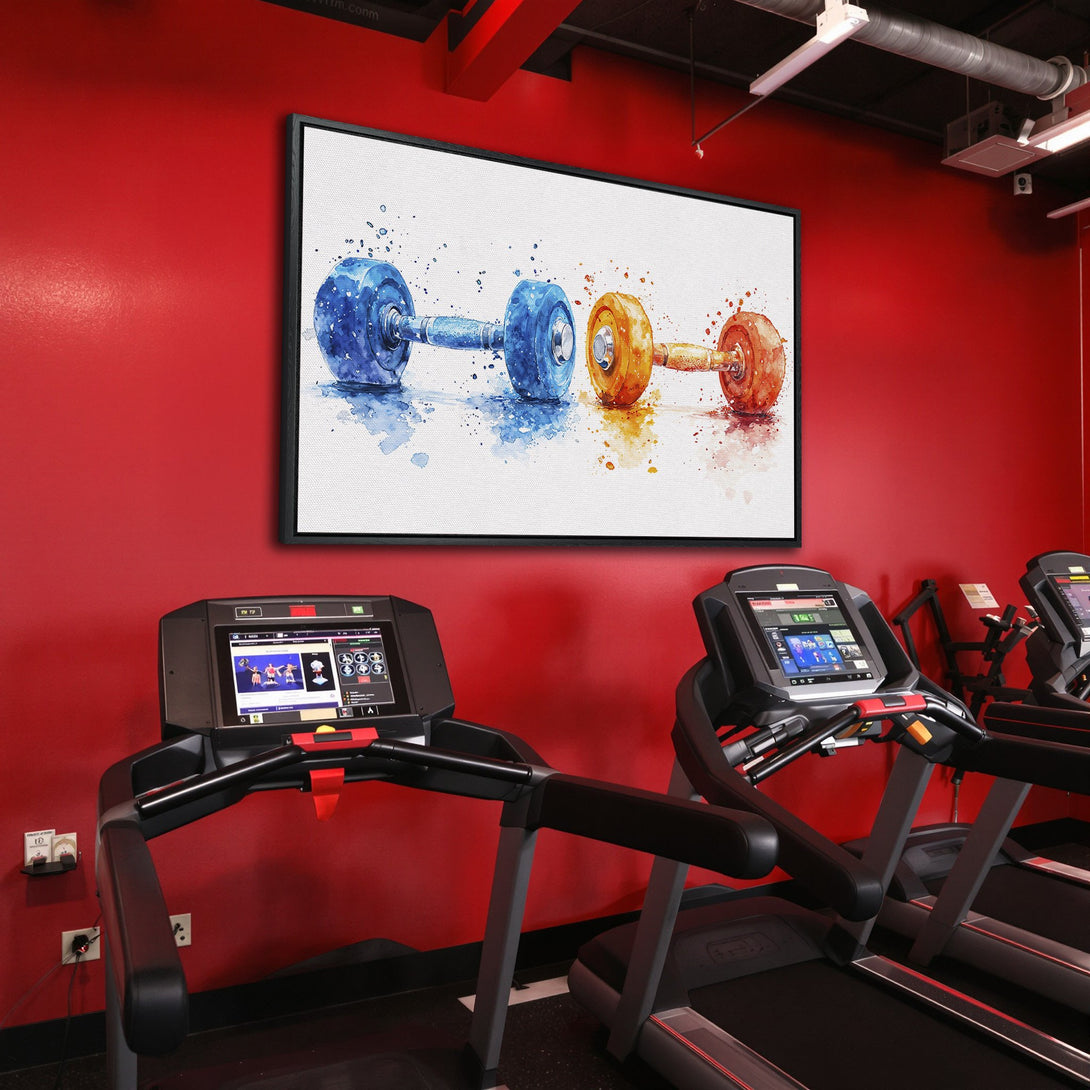 Framed Wall Art: Watercolor dumbbells in blue, orange, and red. Modern fitness art for your gym or home. Shop canvas prints today!