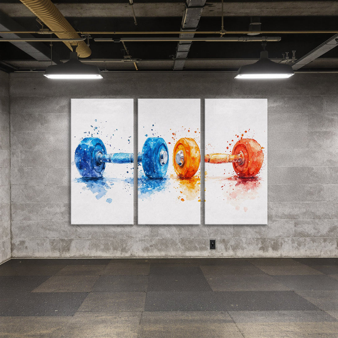 Watercolor dumbbell Canvas Print in blue, orange, and red. Modern fitness art for your home gym.