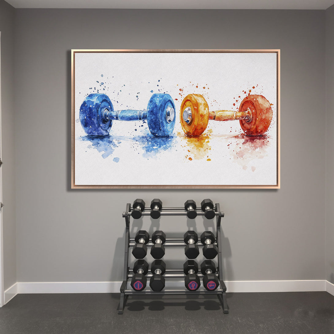 Framed Wall Art: Watercolor dumbbells in blue, orange, and red. Perfect gym decor! Enhance your home gym with this vibrant canvas print.