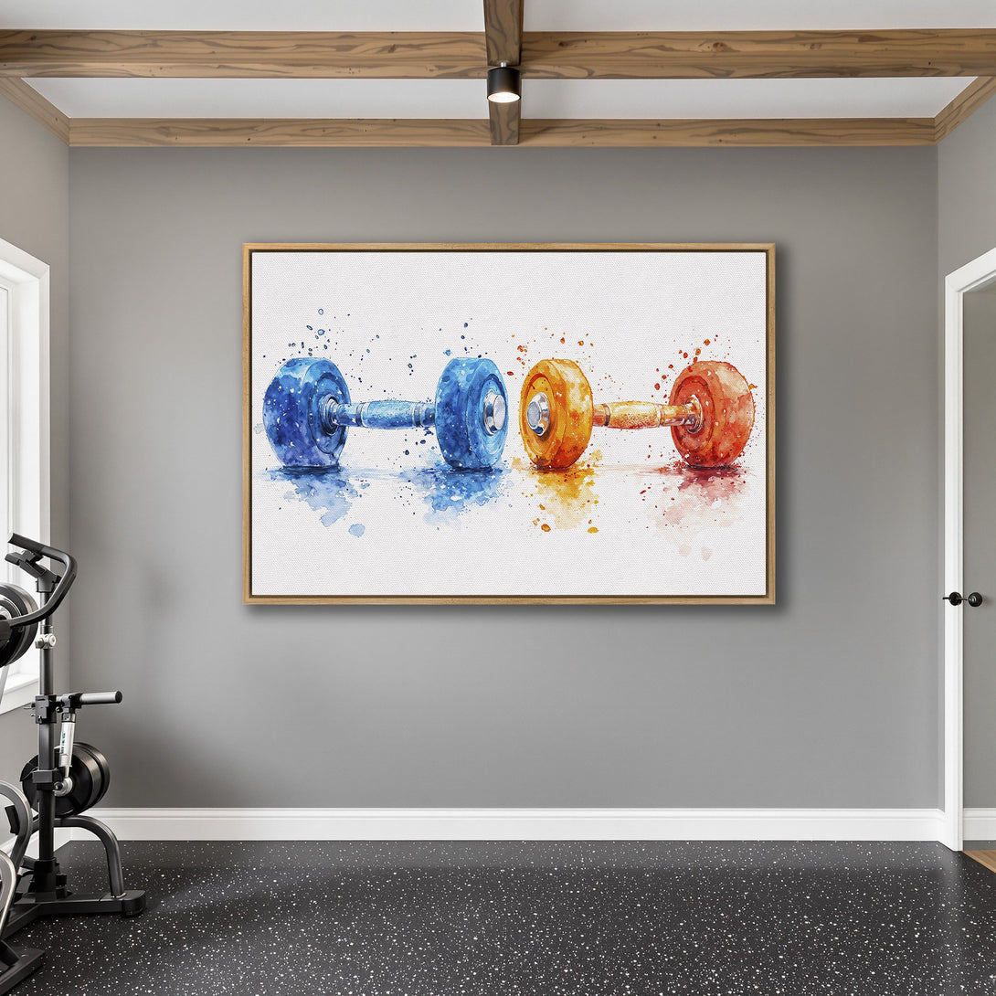 Framed Wall Art: Watercolor dumbbells in blue, orange, and red. Modern fitness art for your home gym.