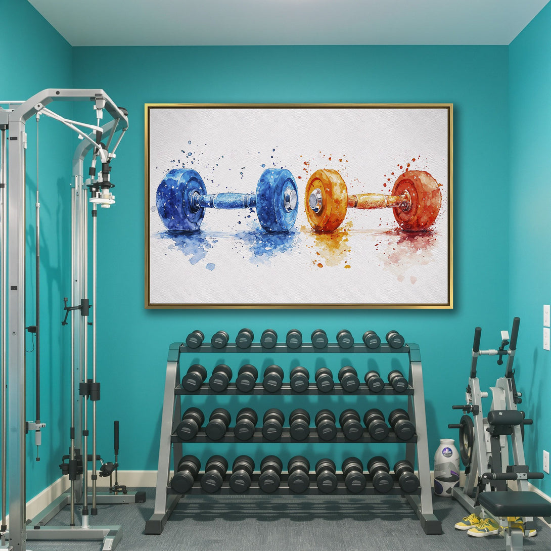 Canvas Print of watercolor dumbbells in blue, orange, and red. Modern gym wall art for fitness enthusiasts.