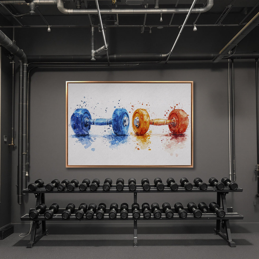 Framed Wall Art featuring watercolor dumbbells in blue, orange, and red. Modern gym decor with a vibrant color palette.