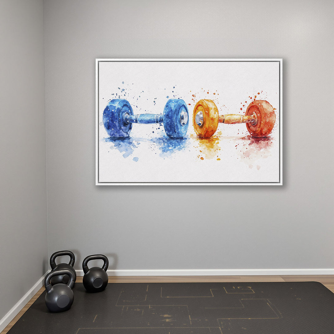 Framed Wall Art: Watercolor dumbbells in blue, orange, and red. Modern fitness art for home gym decor. Canvas Print with vibrant color palette.