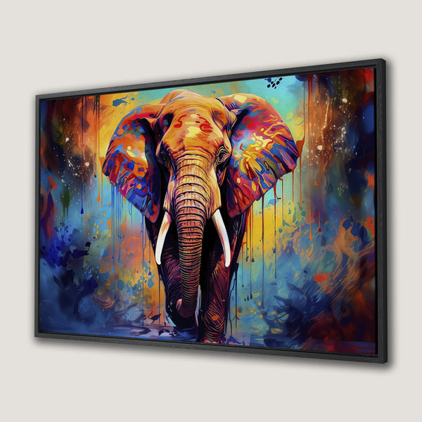 Framed Wall Art: Vibrant elephant canvas print in a colorful, abstract style. Featuring a bold palette of blues, oranges, and reds. Elevate your space!