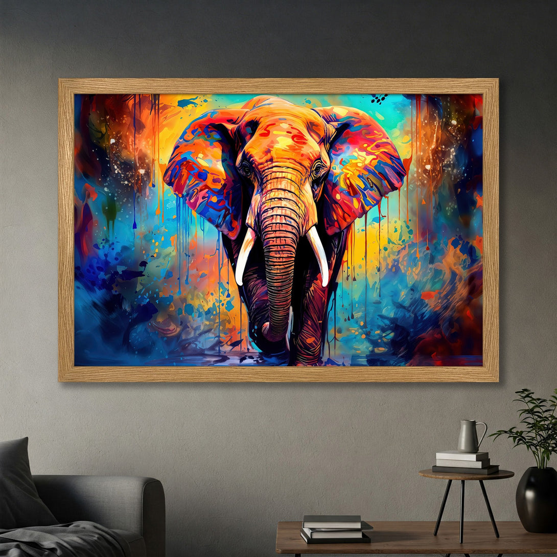 Framed Poster featuring a vibrant, abstract elephant artwork in a bold color palette of orange, blue, and yellow. Add a splash of art to your space!