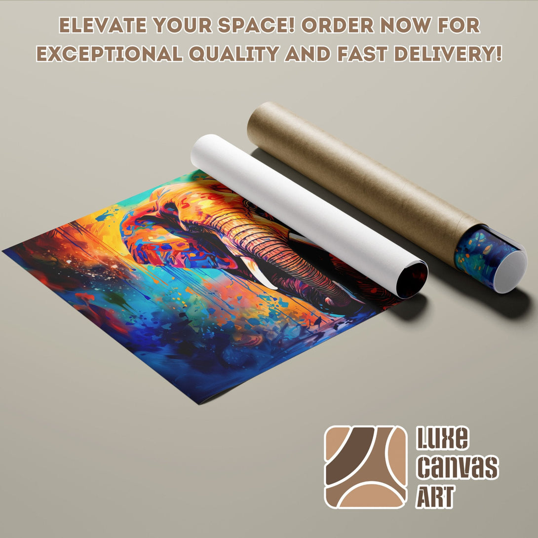 Elephant Poster Roll, vibrant abstract art with a colorful palette of blues, oranges, and yellows.