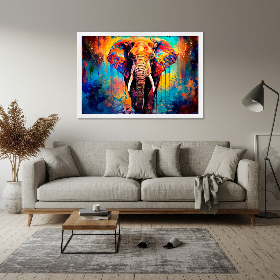 Framed Poster featuring a vibrant, colorful elephant painting. Abstract style with a bold orange, blue, and yellow color palette. Perfect wall art!