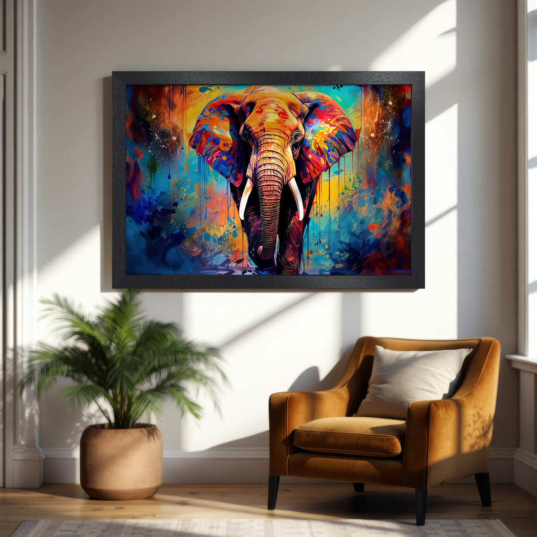 Framed Poster: Vibrant elephant art in watercolor style with bold colors. Perfect wall decor for your home!