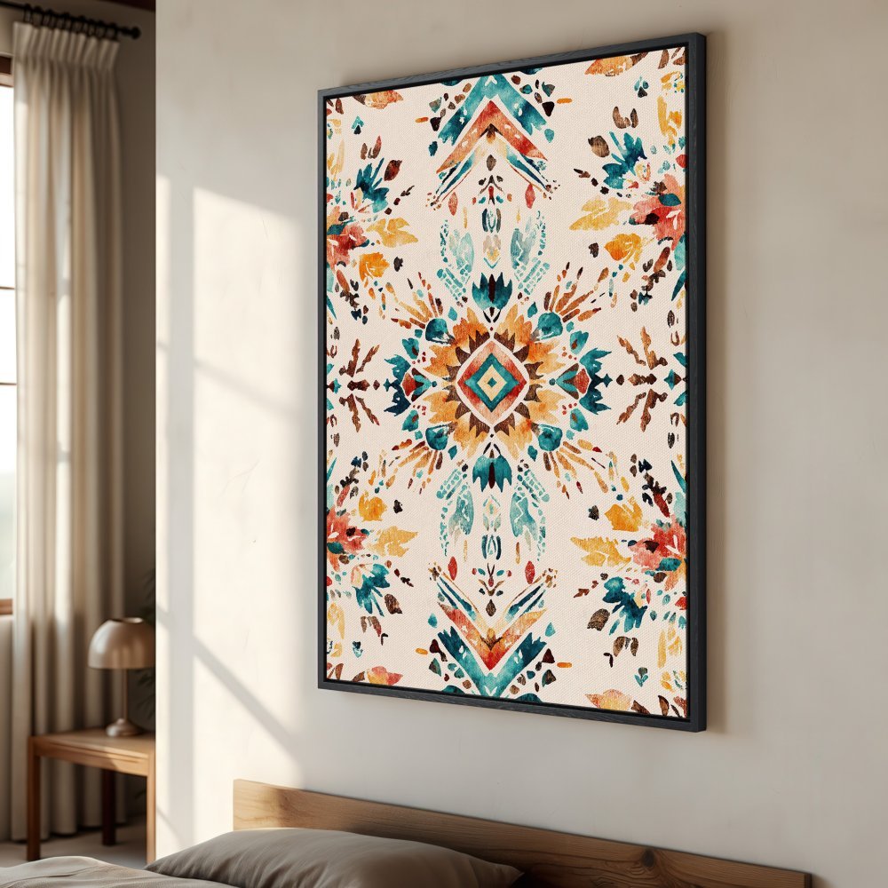 Framed Wall Art: Bohemian watercolor canvas print in teal, orange, and beige. Add a pop of color and style to your space!