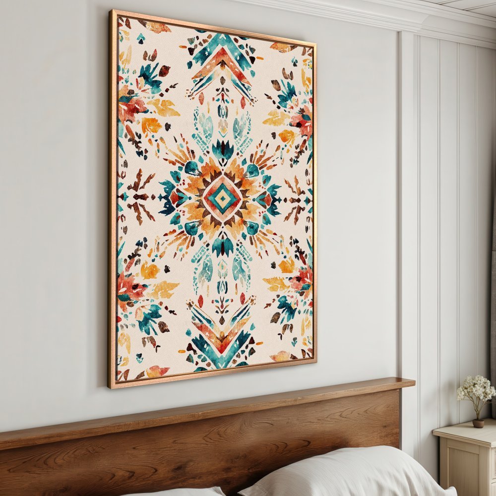 Framed Wall Art: Watercolor floral design in teal, orange, and red. Bohemian style canvas print adds vibrant color to any room.