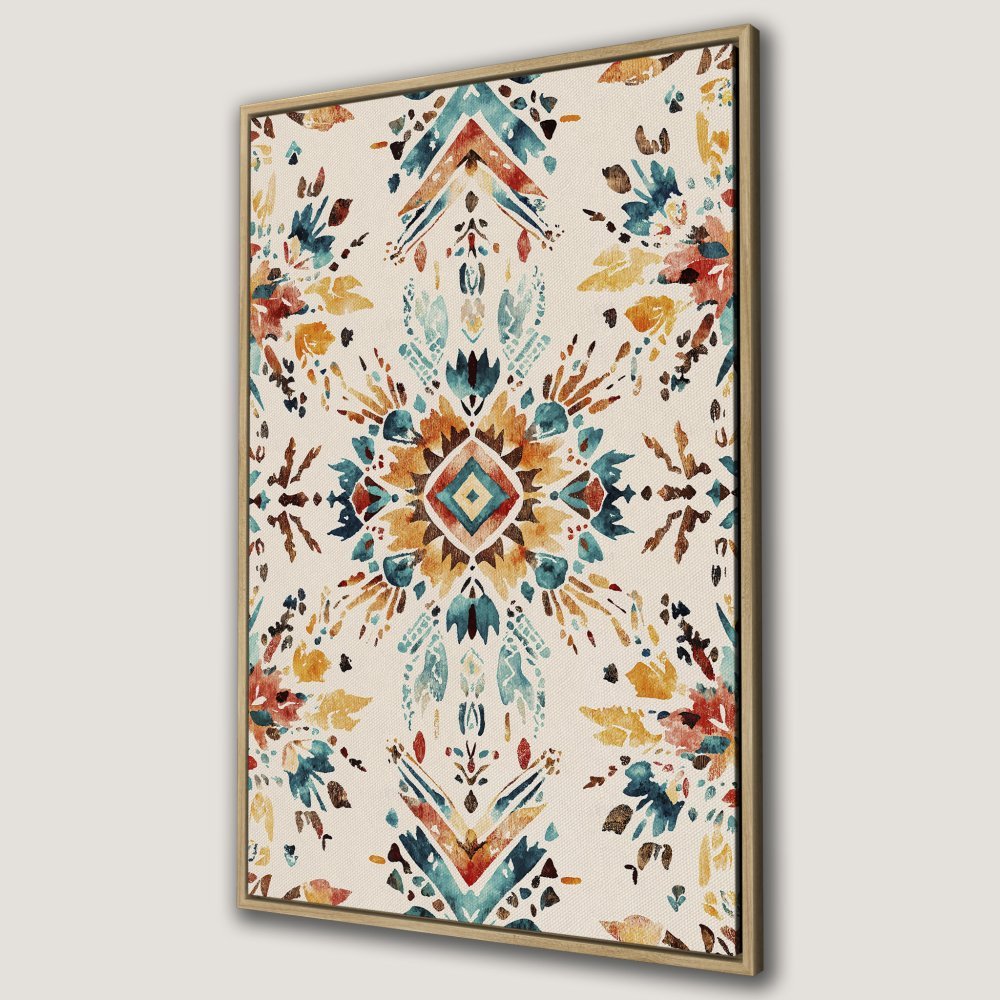 Framed Wall Art: Watercolor floral design in warm tones of blue, orange, and red. Perfect for adding bohemian style to your home decor.