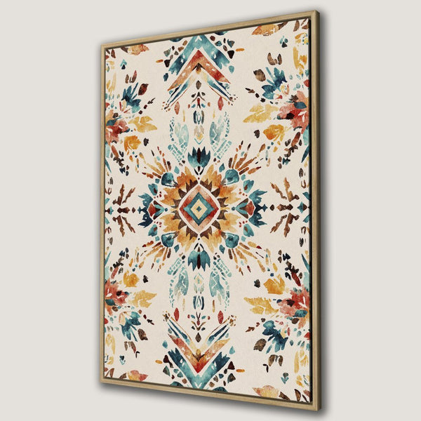 Framed Wall Art: Watercolor floral design in warm tones of blue, orange, and red. Perfect for adding bohemian style to your home decor.