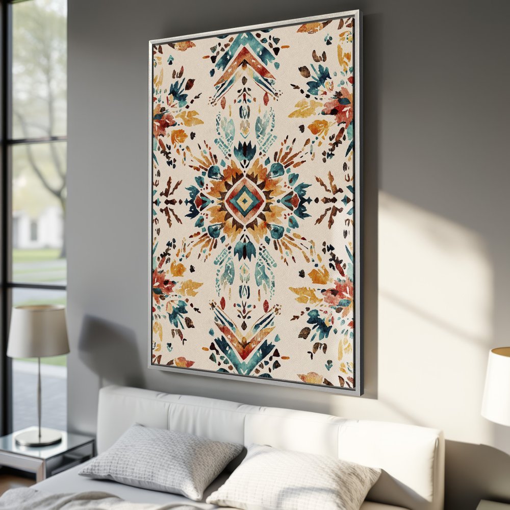 Framed Wall Art: Watercolor floral design in teal, orange, and brown hues. Perfect for adding a touch of bohemian style to your bedroom decor.