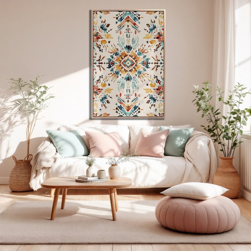 Framed Wall Art featuring a vibrant, bohemian watercolor design in warm, earthy tones. Perfect for adding style to any living room!