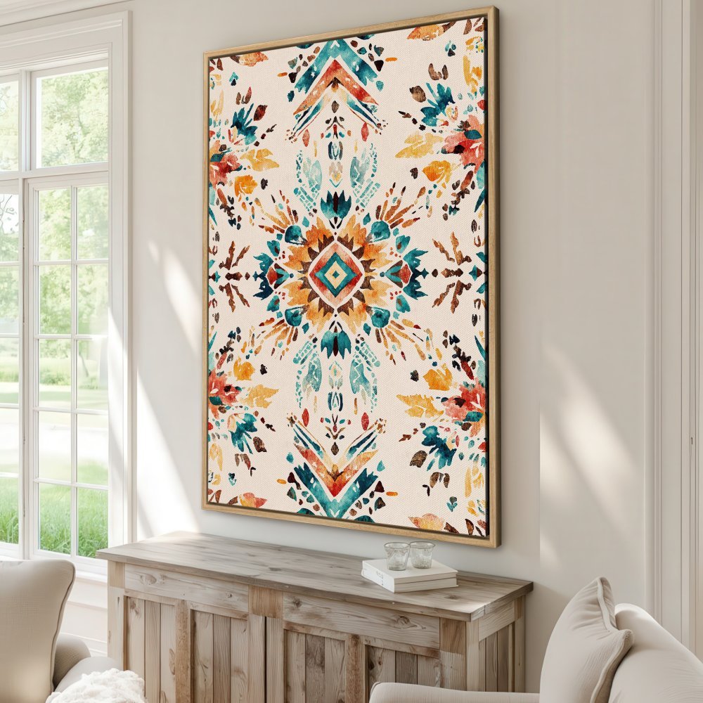 Framed Wall Art featuring a watercolor bohemian design in teal, orange, and cream. Perfect for adding a pop of color and style to your home decor.