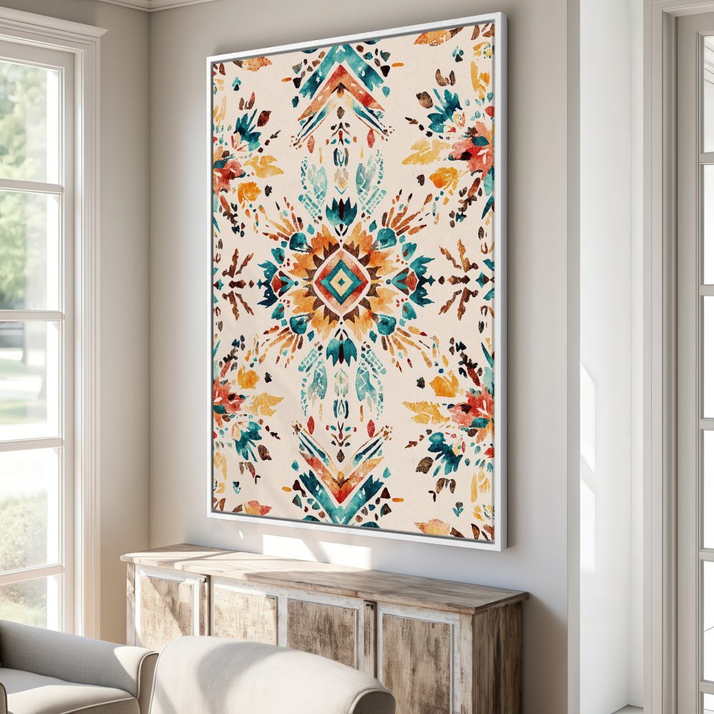 Framed Wall Art: Abstract watercolor floral print in teal, orange, and beige. Add a touch of bohemian style to your home with this canvas print.