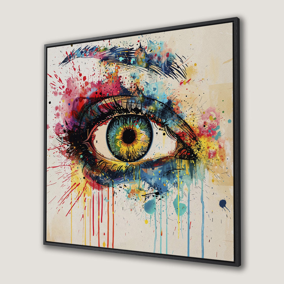 Framed Wall Art: Abstract eye canvas print with vibrant watercolor splashes in red, blue, yellow, and green. Modern art for home decor.