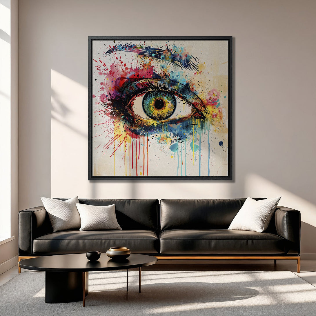 Framed Wall Art: Abstract eye canvas print with vibrant watercolor splashes. Colorful artwork in a modern living room. Perfect for adding art to your space!