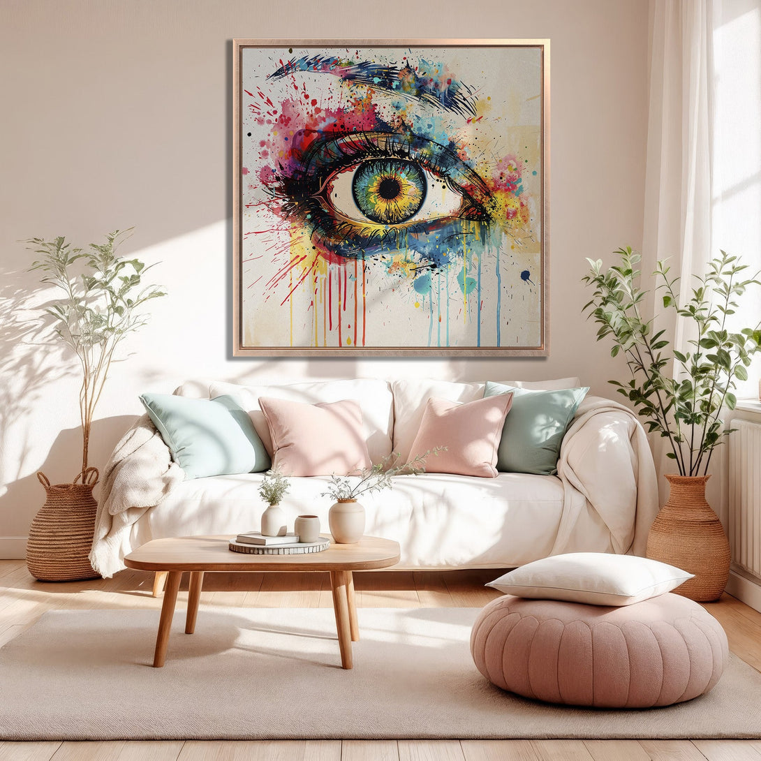 Framed Wall Art: Abstract eye painting with vibrant watercolor splashes, displayed in a modern living room. Colorful palette of blues, yellows, and reds.