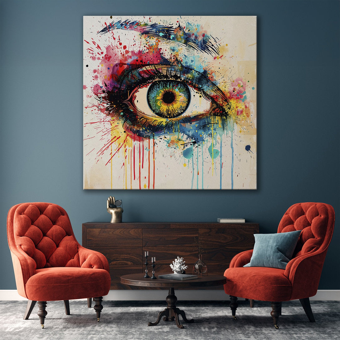 Framed Wall Art: Abstract eye art Canvas Print with vibrant watercolor splashes. Colorful palette of blues, yellows, reds, and greens. Modern interior decor.