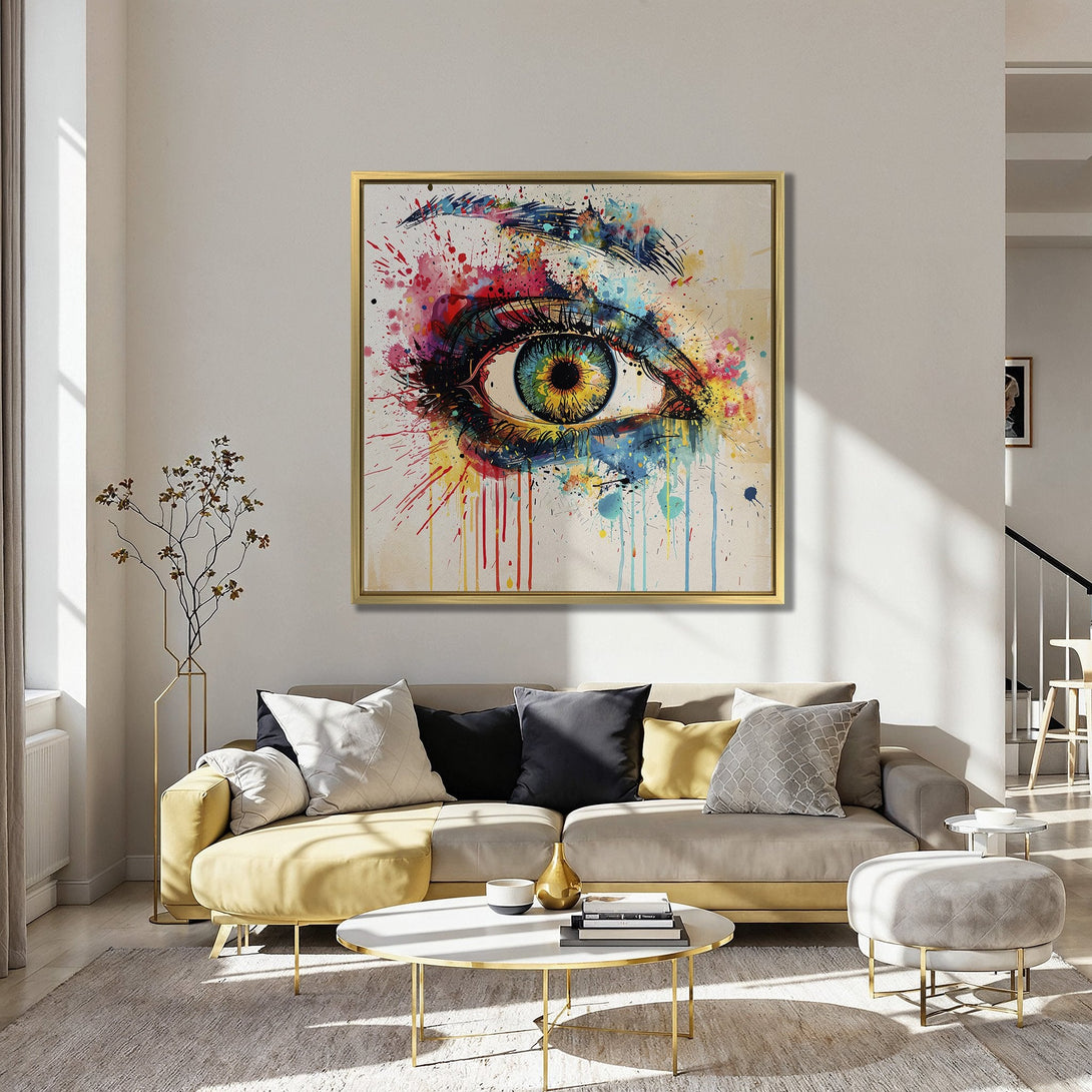 Canvas Print: Abstract eye art in vibrant watercolor style. Colorful splashes on a neutral background. Perfect wall art for modern home decor.
